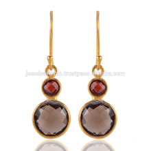 Beautiful Smoky Quartz & Garnet with Gold Plated Silver Earring